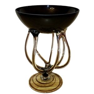 JOZEFINA KROSNO Poland Handblown Art Glass Octopus Jelly Fish Black Gold Bowl